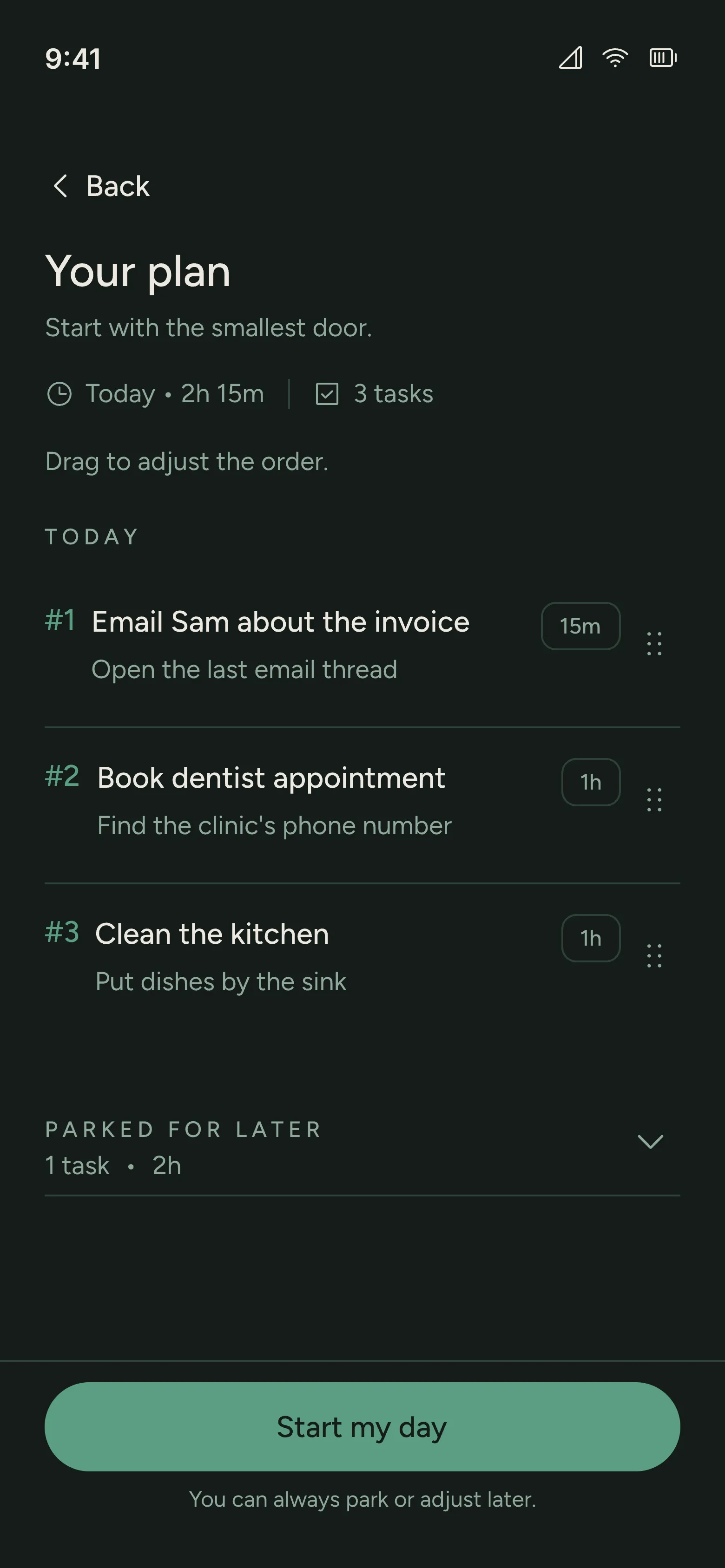 Onra Daily Plan with Today tasks and an enabled Start my day button.