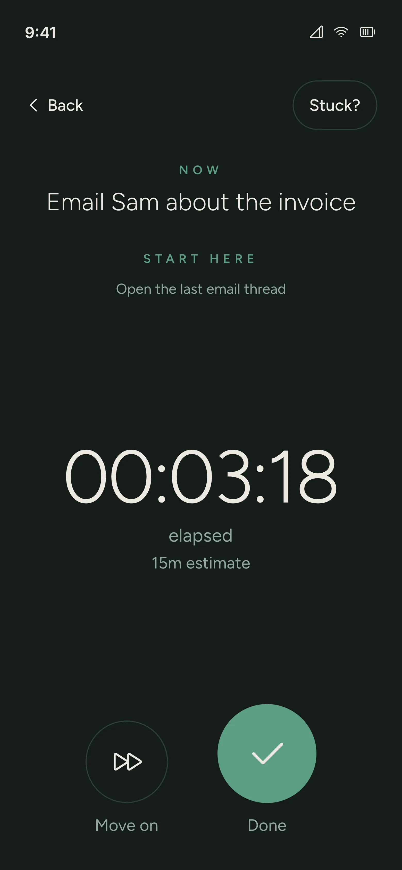 Onra Focus Mode counting up from zero with a starter step and a light Done checkmark.